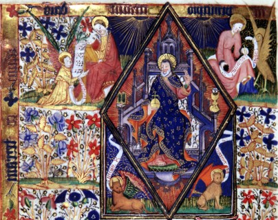 Manuscrit des Heures de Rohan-Montauban : Le Christ en majesté cantonné des quatre évangélistes et de leur symbole