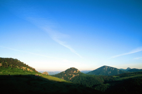 View from the D410 road: Chabrières, Gouleyou, Suc  de Touron, Suc de Sara