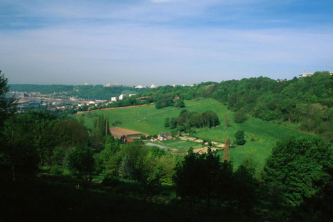 Vue large, du haut de la rue des Voûtes en direction des bassins St-Gervais et de la Seine et du Centre Universitaire