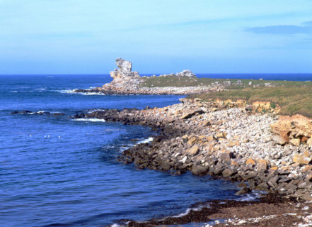 Vue des environs de la pointe de Saint-Gonvel en direction de la pointe et du rocher du Coq. Pleine mer
