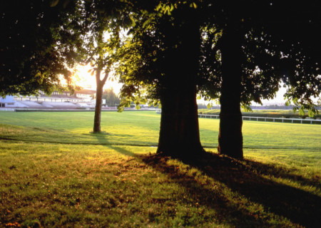 Vue de l'entrée de l'hippodrome de Saint-Cloud en direction de la tribune