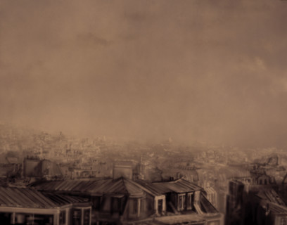 Painted backdrop. View over city roofs