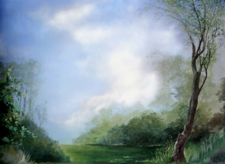 Painted canvas tarp. Rural landscape