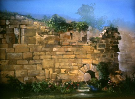 Painted canvas tarp. Wall in ruins