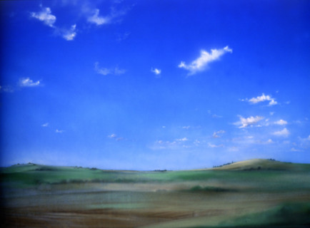 Painted canvas tarp. Rural landscape