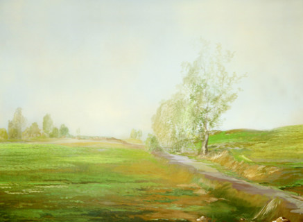 Painted canvas tarp. Rural landscape