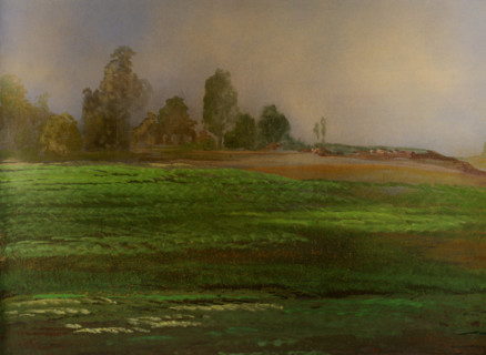 Painted canvas tarp. Rural landscape