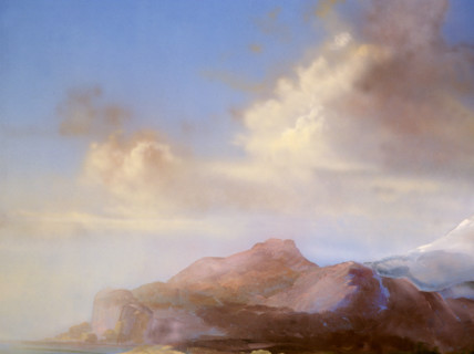 Painted canvas tarp. Mountainous landscape