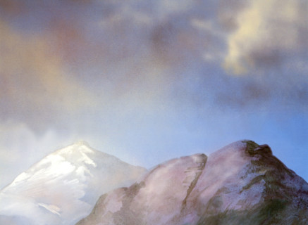 Painted canvas tarp. Mountainous landscape