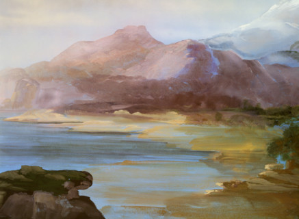 Painted canvas tarp. Sea and mountain in the background