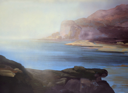 Painted canvas tarp. Sea and mountain in the background