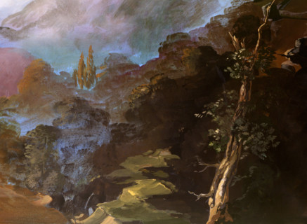 Painted canvas tarp. Mountainous landscape
