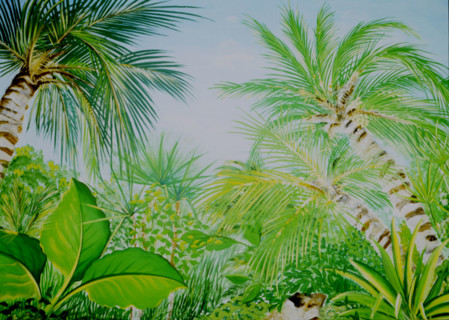 Painted canvas tarp. Tropical landscape
