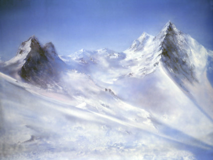 Painted canvas tarp. Mountainous landscape