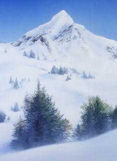 Painted canvas tarp. Mountainous landscape