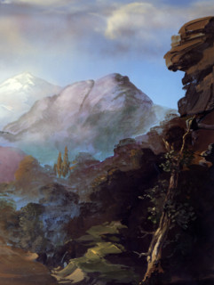 Painted canvas tarp. Mountainous landscape