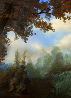 Painted canvas tarp. Rural landscape