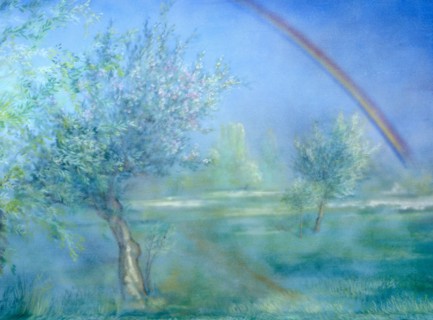 Painted canvas tarp. Spring landscape