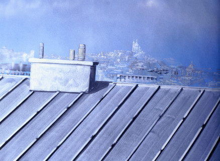 Painted backdrop. Tin roof