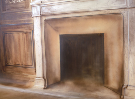 Painted backdrop. Wooden chimney