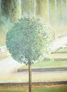 Painted backdrop. Detail of a rural landscape