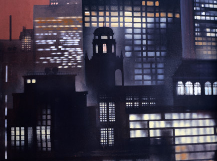 Painted backdrop. Night view over buildings