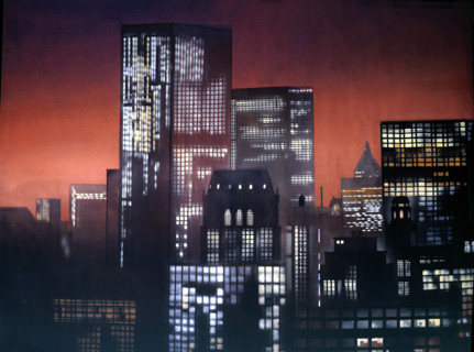 Painted backdrop. Night view over buildings