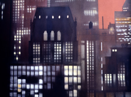 Painted backdrop. Night view over buildings