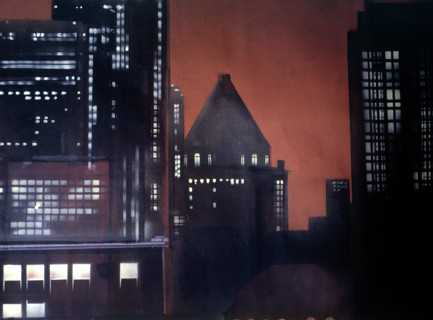 Painted backdrop. Night view over buildings