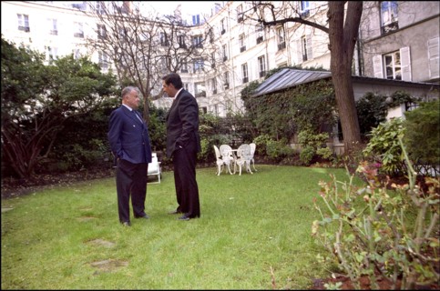 02/00/2001. EXCLUSIVE. French Radio hosts Philippe Bouvard and Jean-Pierre Foucault back on the air of RTL