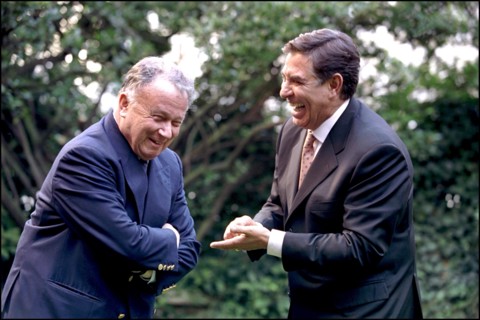 02/00/2001. EXCLUSIVE. French Radio hosts Philippe Bouvard and Jean-Pierre Foucault back on the air of RTL