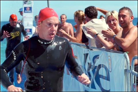 06/17/2001. Prince Albert of Monaco takes part in the first "All Stars Triathlon" in Monaco