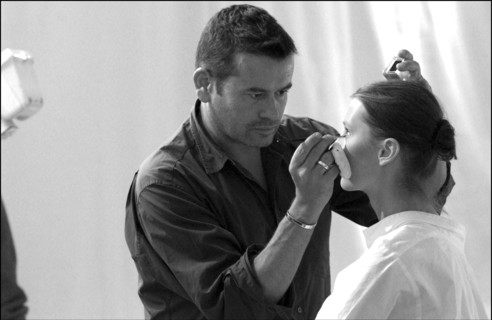 09/30/2002.  Stephane Marais, make-up tests for the coming Issey Miyake spring-summer 2003 show.