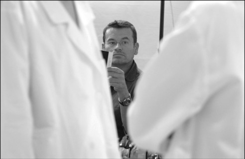 09/30/2002.  Stephane Marais, make-up tests for the coming Issey Miyake spring-summer 2003 show.