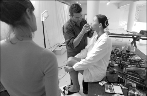 09/30/2002.  Stephane Marais, make-up tests for the coming Issey Miyake spring-summer 2003 show.