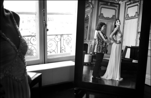 05/00/2003. EXCLUSIVE Clotilde Courau tries gowns on at Valentino's before the 56th Cannes Film
