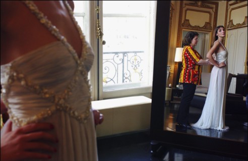 05/00/2003. EXCLUSIVE Clotilde Courau tries gowns on at Valentino's before the 56th Cannes Film