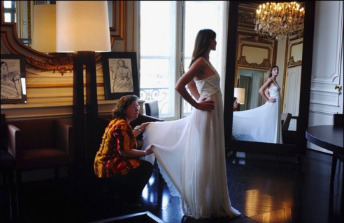 05/00/2003. EXCLUSIVE Clotilde Courau tries gowns on at Valentino's before the 56th Cannes Film