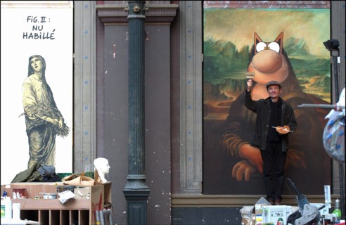 10/24/2003. Belgian cartoonist and TV host Phillipe Geluck's art exhibit at the Beaux-Arts, Paris : a first for any comic strip artist.