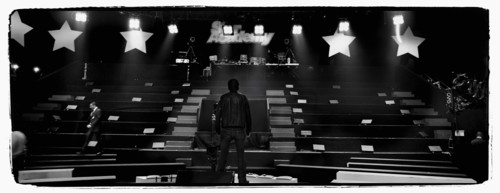 12/00/2003. Nikos Aliagas, host of the Star Academy shows backstage and on stage.