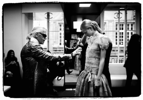 01/00/2004. EXCLUSIVE. Chanel Fashion Designer Karl Lagerfeld, backstage of the Haute Couture Spring-Summer 2004 fashion show.