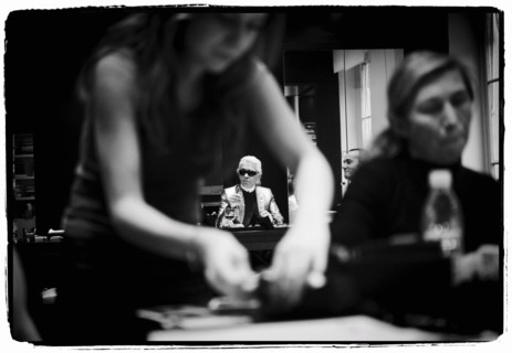 01/00/2004. EXCLUSIVE. Chanel Fashion Designer Karl Lagerfeld, backstage of the Haute Couture Spring-Summer 2004 fashion show.