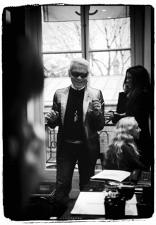 01/00/2004.  Chanel Fashion Designer Karl Lagerfeld, backstage of the Haute Couture Spring-Summer 2004 fashion show.