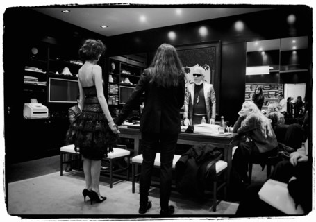 01/00/2004. EXCLUSIVE. Chanel Fashion Designer Karl Lagerfeld, backstage of the Haute Couture Spring-Summer 2004 fashion show.