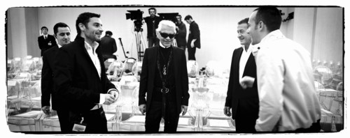 01/00/2004.  Chanel Fashion Designer Karl Lagerfeld, backstage of the Haute Couture Spring-Summer 2004 fashion show.