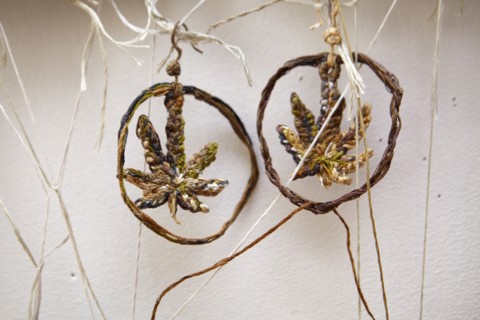Embroidered earrings by the artist Sophia Narrett