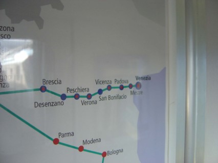 Venise, dans le train, carte ferroviaire, gares vers Venise, Padoue, Vicence