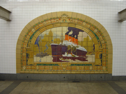 New-York (USA), Manhattan, décoration en carreaux de céramique "Paquebot dans le port de New York"