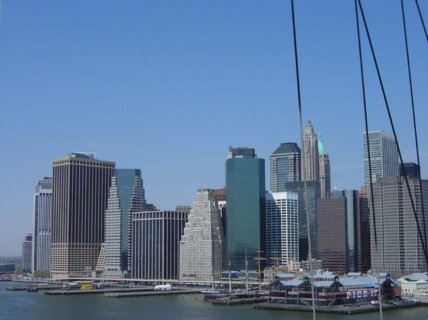View of the financial district from Brooklyn bridge in New York