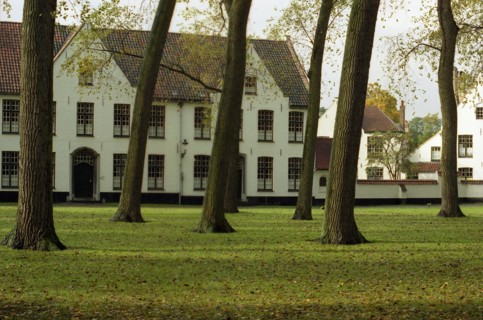 Bruges. Façades et jardin intérieur du Béguinage (Begijnhof), en automne